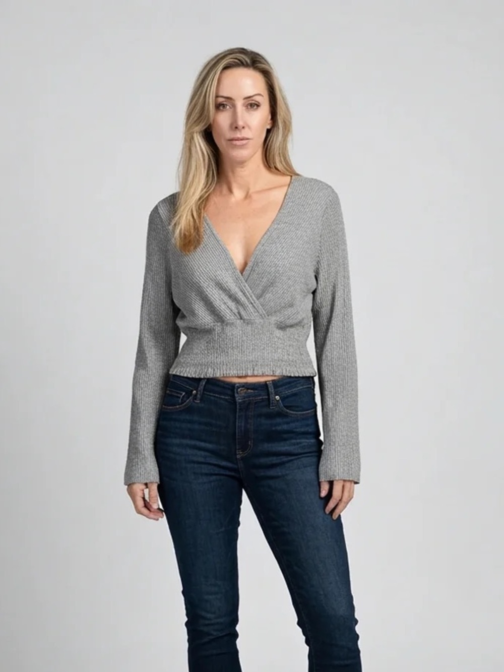 NWT Paper Crane Wrap Ribbed V-Neck Gray Long Sleeve top sz.L